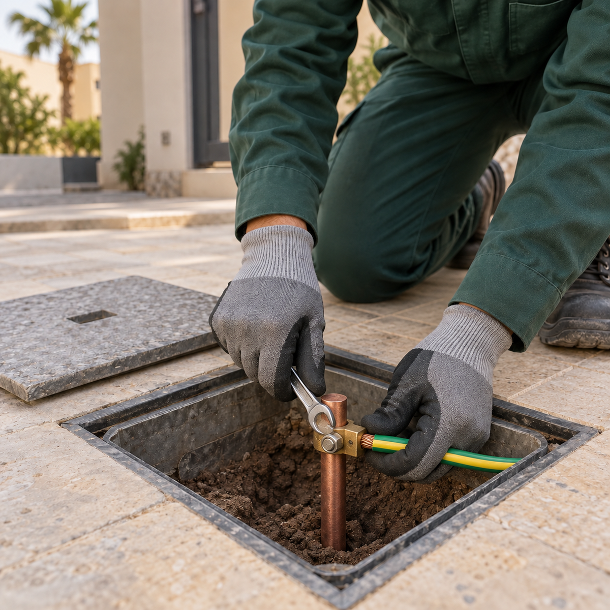 Electrical earthing service with copper earth rod and grounding connection